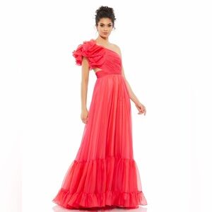 Mac Duggal One-Shoulder Chiffon Gown Dress Hot pink